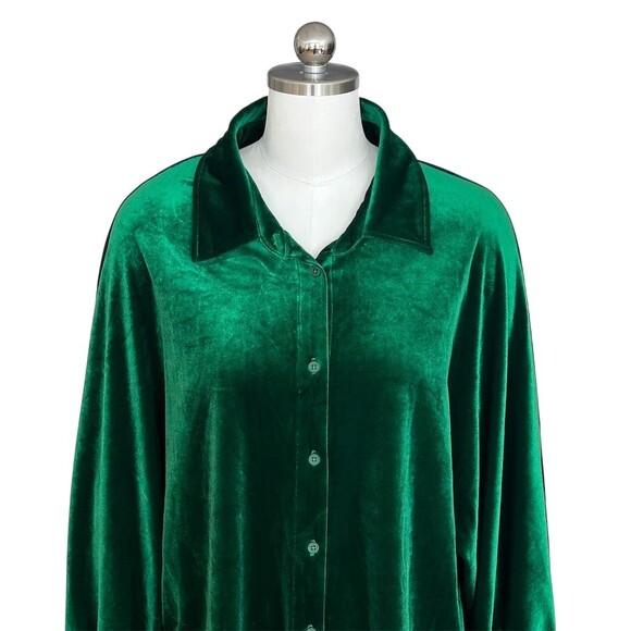 Ciebon Blouse Womens Size L Emerald Green Velvet Button Front Collared LS - Picture 6 of 9